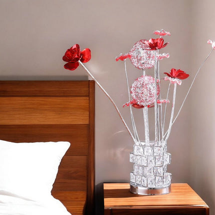 21" Silver and Clear Metal and Faux Crystal Geometric And Roses Bedside Lamp