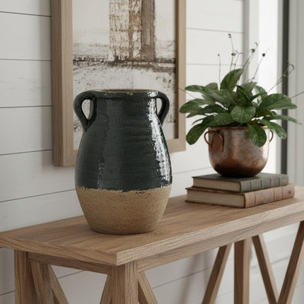 13" Forest Green And Sand Color Block Terracotta Round Jug Vase