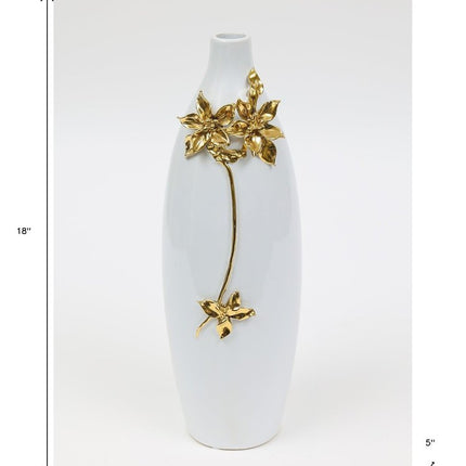 18" Gold Floral Oval Ceramic Table Vase With Sculptural Details