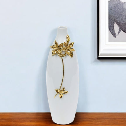18" Gold Floral Oval Ceramic Table Vase With Sculptural Details