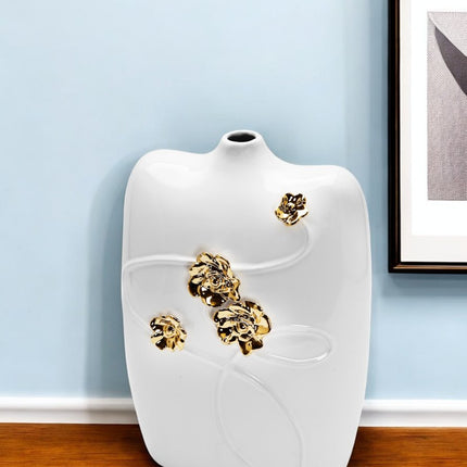 14" White Floral Ceramic Table Vase With Sculptural Details