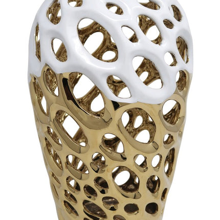 13" Gold And White Pierced Urn Porcelain Table Vase With Sculptural Details