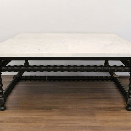 48" White And Black Genuine Marble And Solid Wood Square Coffee Table