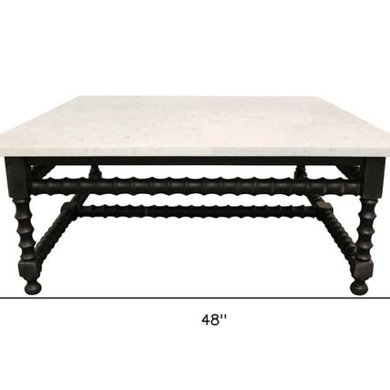 48" White And Black Genuine Marble And Solid Wood Square Coffee Table