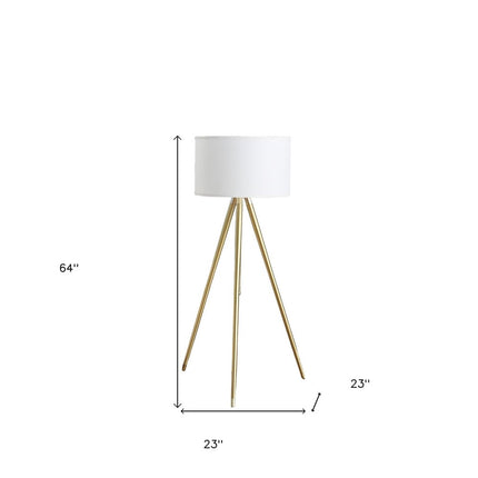 Gold Metal Adjustable Tripod Floor Lamp With White Linen Drum Shade