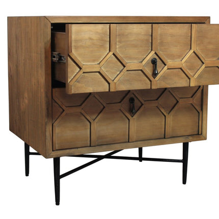 28" Natural Two Drawer Distressed Carved Geometric Solid Wood Nightstand