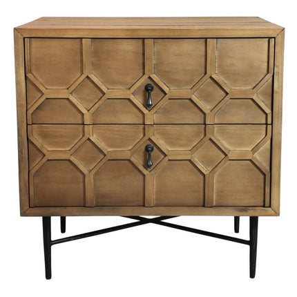 28" Natural Two Drawer Distressed Carved Geometric Solid Wood Nightstand
