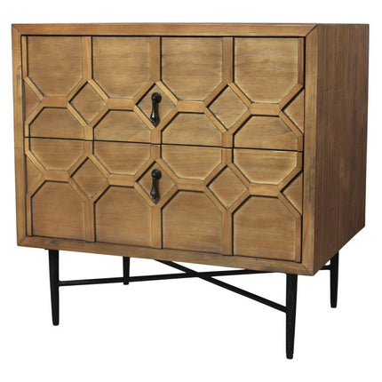 28" Natural Two Drawer Distressed Carved Geometric Solid Wood Nightstand