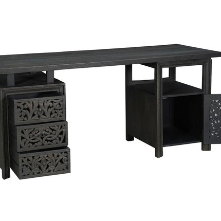 68" Black Carved Floral Scroll Solid Wood Computer Desk With Three Drawers