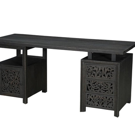 68" Black Carved Floral Scroll Solid Wood Computer Desk With Three Drawers