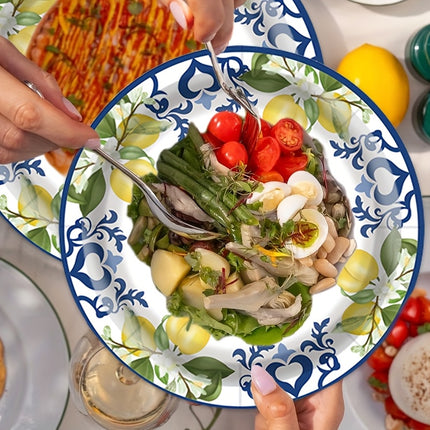 30pcs Disposable Tableware Set Featuring a Lemon And Blue Porcelain Theme, Uncoated Utensils