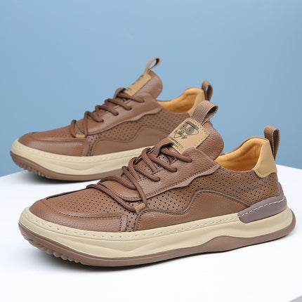 Men'S White Perforated Casual Sneakers - Breathable Low-Top Lace-Up Shoes with Round Toe,
