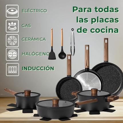Just Perfecto Induction Cookware Set – 15-Piece Nonstick Pans, Glass Lid Saucepans, Wok, Utensils, and Trivets