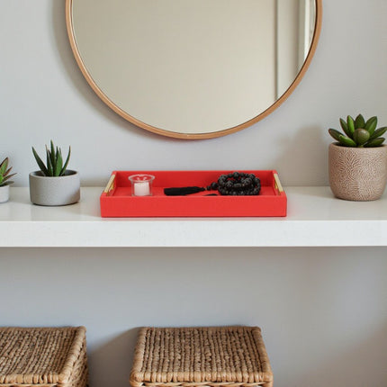 16" Red Wood and Vinyl Faux Shagreen Handmade Serving Tray With Handles