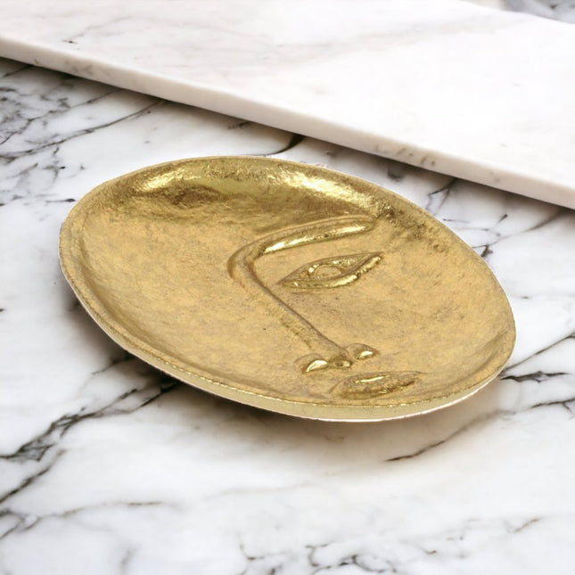 8" Gold Cast Iron Mod Abstract Face Oval Trinket Tray