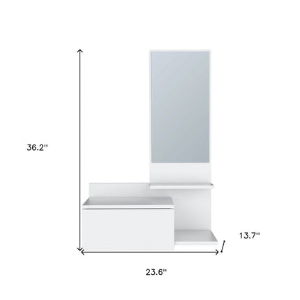 36" White Wood Wall Mounted Accent Cabinet With Drawer And Mirror