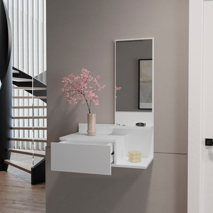 36" White Wood Wall Mounted Accent Cabinet With Drawer And Mirror