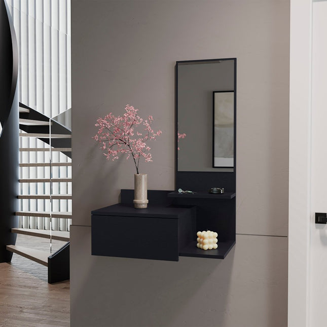 36" Black Wood Wall Mounted Accent Cabinet With Drawer And Mirror
