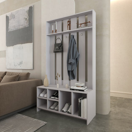 68" Gray Wood Four Hook Coat And Shoe Rack