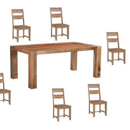 Seven Piece Brown Solid Wood Dining Set with Six Chairs