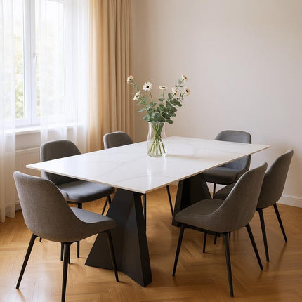 79" White and Black Sintered Stone and Steel Double Pedestal Base Dining Table