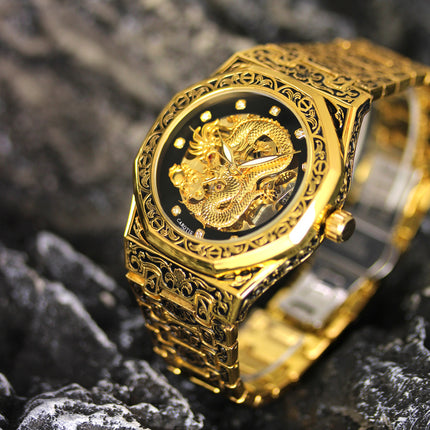 1pc Men'S Yellow Black Steel Strip Retro Style Classic Carved Dragon Pattern