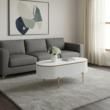 47" White and Gold Wood Oval Coffee Table With Drawer