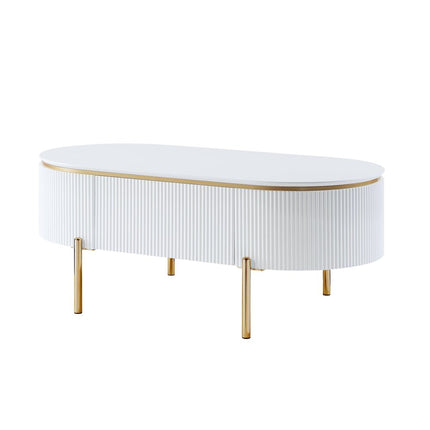 47" White and Gold Wood Oval Coffee Table With Drawer