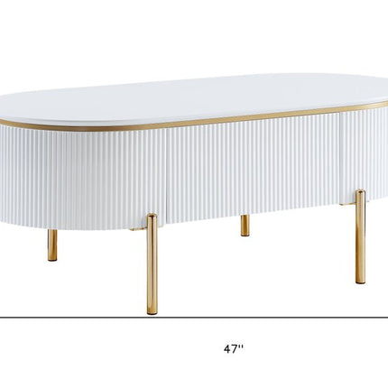 47" White and Gold Wood Oval Coffee Table With Drawer
