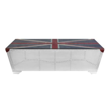 64" Silver Navy Blue And Red Union Jack Aviator Coffee Table