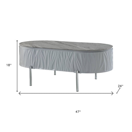 47" Gray Wood and Steel Oval Coffee Table With Drawer
