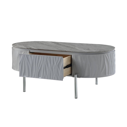47" Gray Wood and Steel Oval Coffee Table With Drawer