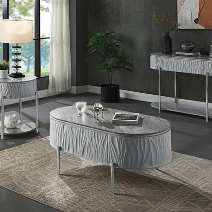 47" Gray Wood and Steel Oval Coffee Table With Drawer