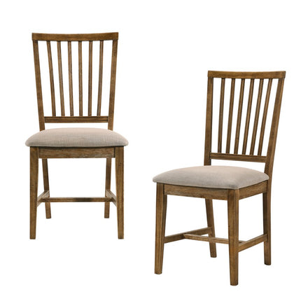 Set of Two Tan and Oak Linen Slat Back Dining Side Chairs