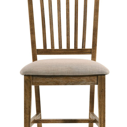 Set of Two Tan and Oak Linen Slat Back Dining Side Chairs