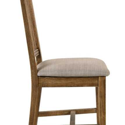 Set of Two Tan and Oak Linen Slat Back Dining Side Chairs