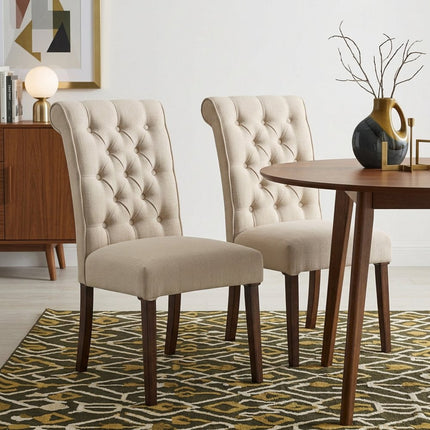 Set of Two Tufted Beige and Brown Upholstered Linen And Solid Wood Dining Side Chairs