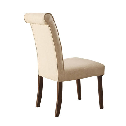 Set of Two Tufted Beige and Brown Upholstered Linen And Solid Wood Dining Side Chairs