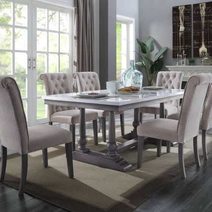 Set of Two Tufted Beige and Gray Upholstered Linen And Solid Wood Dining Side Chairs