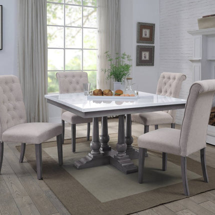 Set of Two Tufted Beige and Gray Upholstered Linen And Solid Wood Dining Side Chairs