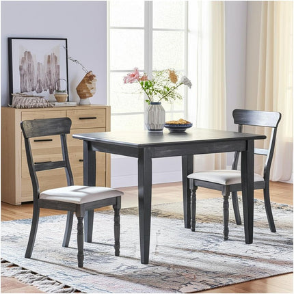 Set of Two Light Brown and Gray Linen Slat Back Dining Side Chairs