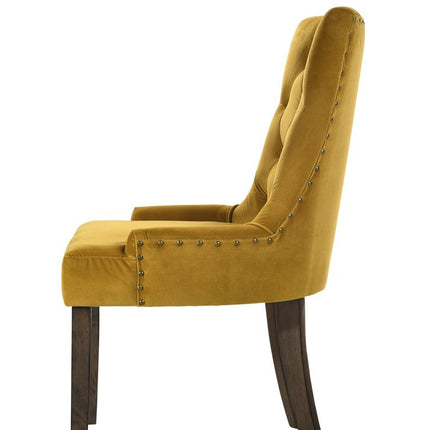 Set of Two Tufted Yellow and Espresso Upholstered Velvet And Solid Wood Dining Side Chairs
