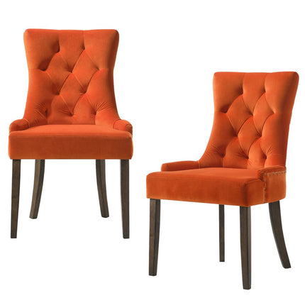 Set of Two Orange and Oak Tufted Velvet Dining Side Chairs