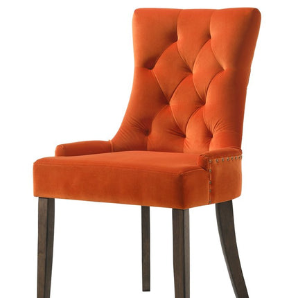 Set of Two Orange and Oak Tufted Velvet Dining Side Chairs