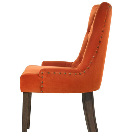 Set of Two Orange and Oak Tufted Velvet Dining Side Chairs