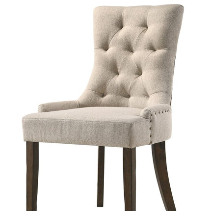 Set of Two Tufted Beige and Oak Upholstered Fabric And Solid Wood Dining Side Chairs