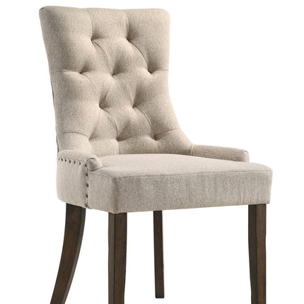 Set of Two Tufted Beige and Oak Upholstered Fabric And Solid Wood Dining Side Chairs