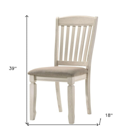 Set of Two Tan and Cream Fabric Slat Back Dining Side Chairs