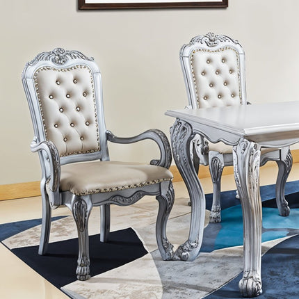 Set of Two Tufted White Upholstered Faux Leather And Wood Dining Arm Chairs