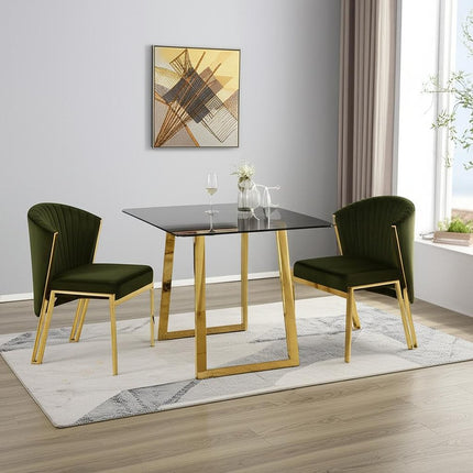 Set of Two Green and Gold Upholstered Velvet And Steel Wing Back Dining Side Chairs